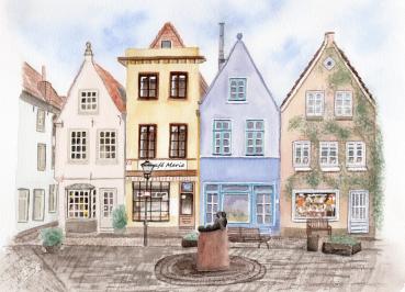 Postkarte DIN-A5 Aquarell Maritim Kunst Druck Kunstdruck Bremen Bremer Schnoor Gasse Nordsee Souvenir Souvenirs